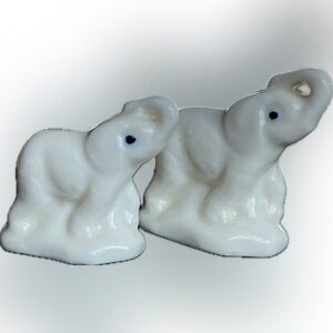 Miniature White Elephants Pair Porcelain Trunks Up Taiwan Vintage